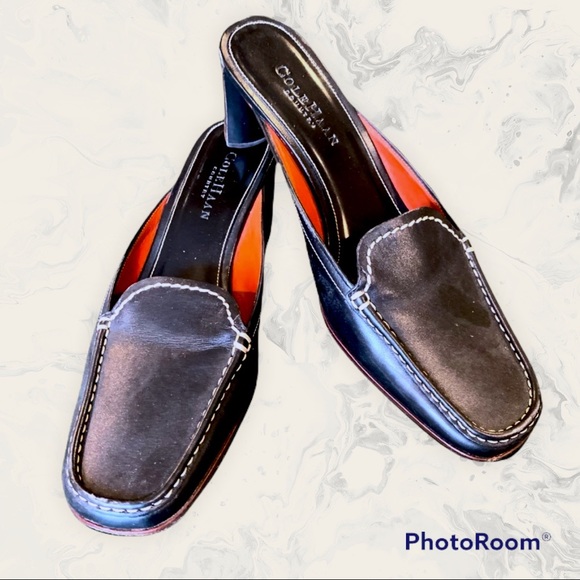 Cole Haan Square Toe Black Leather Loafer Mules w Wooden Stacked Low Heel Size 8 - Picture 7 of 16